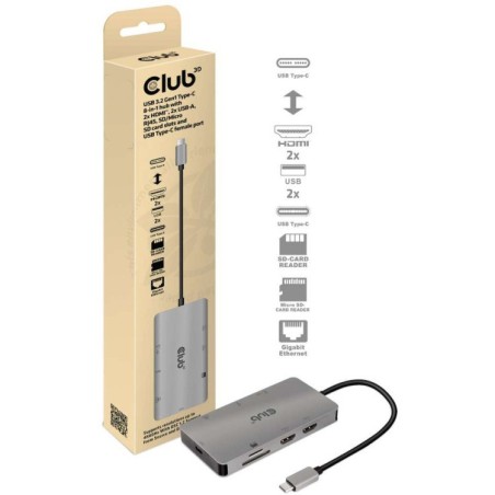 Køb Club3D CSV-1593 8-in-1 USB-C 3.2 Gen 1 Dockingstation - Grå | Alsidig og Effektiv Løsning til Dine Enheder