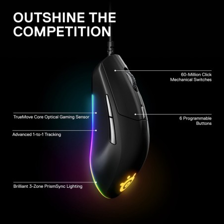 SteelSeries Rival 3 Optisk Kabling Sort