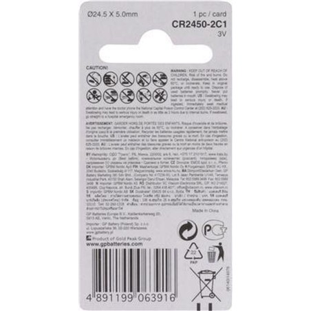GP Knapcellebatteri CR2450 - Langvarig Energi, Pålidelig Ydeevne | Varenummer: 4891199063916
