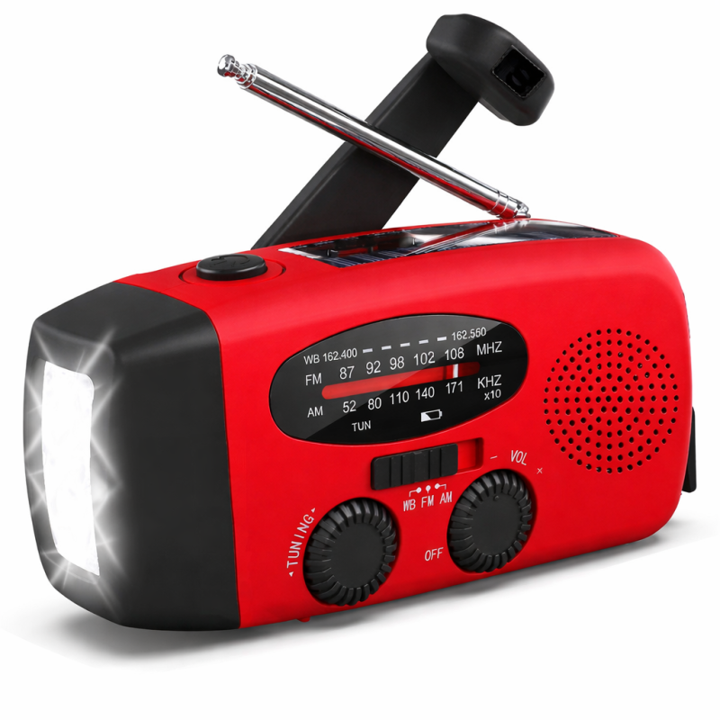Nødradio med håndsving & powerbank – NOAA vejrvarsling, solcelle & lommelygte Nødradio med håndsving & powerbank – NOAA vejrvarsling, solcelle & lommelygte