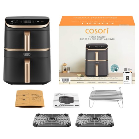 Cosori Turbo Tower Pro Smart 108 L Varmluftsteger - Effektiv 2630 W Enkeltstende i Sort/Guld - Oplev Perfekt Madlavning!
