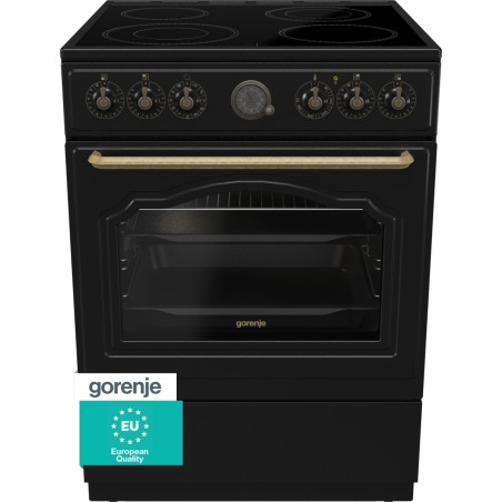 Gorenje Classic GECS6B70CLB Komfur - Fritstående Keramisk Kogeplade i Sort – Stilfuldt Design og Effektiv Madlavning