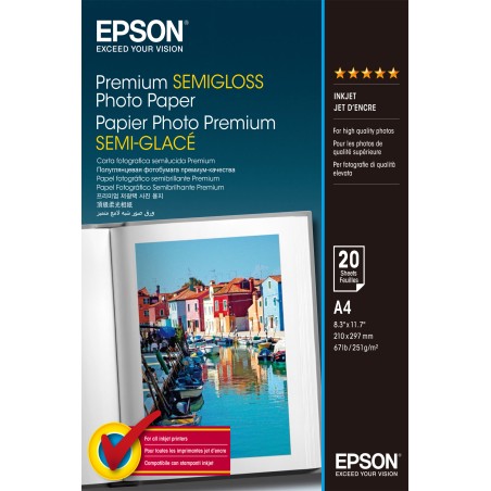 Epson Premium Semigloss Fotopapir A4 - 20 Ark | Kvalitet til Dine Billeder - C13S041332