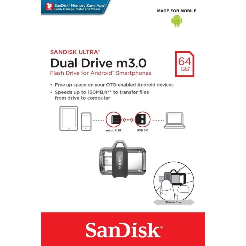 SanDisk Ultra Dual 64GB USB 3.0 / micro USB USB stick Sort Sølv
