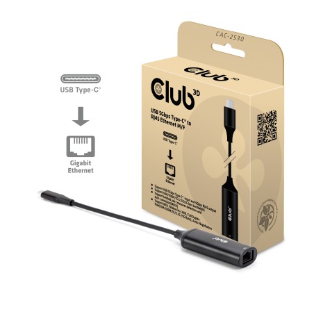 "Club 3D USB-C til RJ45 5Gbps Ethernet Adapter - Hurtig og Stabil Internetforbindelse | Varenummer: 8719214473327"