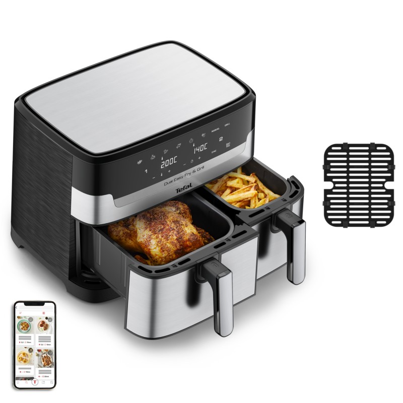 Tefal Dual Easy Fry & Grill EY905D10 Dobbelt varmluftssteger 2.7kW Rustfrit stål Tefal Dual Easy Fry & Grill EY905D10 Dobbelt varmluftssteger 2.7kW Rustfrit stål