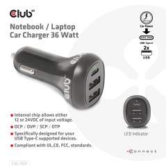 Club 3D CAC-1921 36Watt Bilstrømsadapter 2xUSB-A 1xUSB-C Sort