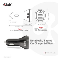 "Club 3D CAC-1921 36W Bilstrømsadapter - 2xUSB-A & 1xUSB-C - Effektiv Opladning i Sort"