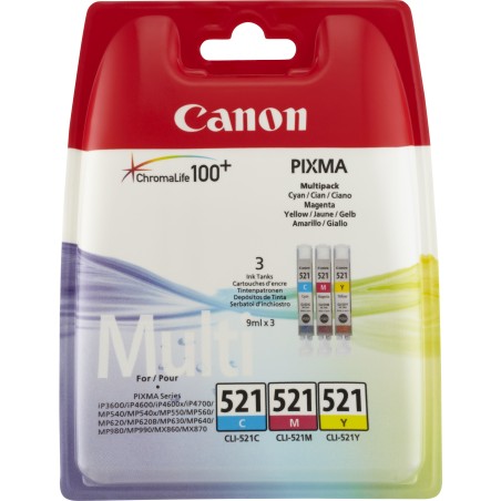 Canon CLI 521 Multipack - Kvalitets Blækbeholdere i Gul, Cyan & Magenta - Spar penge med varenummer 8714574525808!