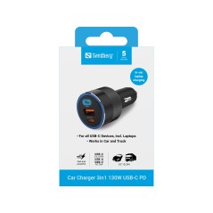 Sandberg Car Charger 3in1 130W USB-C PD 441-49 – Højtydende og alsidig oplader til din bil