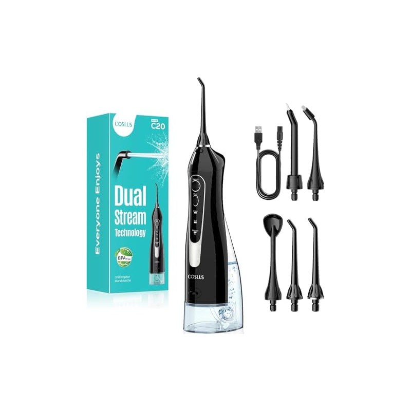 COSLUS C20 Cordless Water Flosser – 300 ml Tank, 4 Modes and 5 Tips