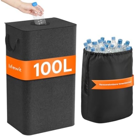 Lifewit 100 L Bottle Collection Bin with Lid – Foldable Storage Container, Dark Grey