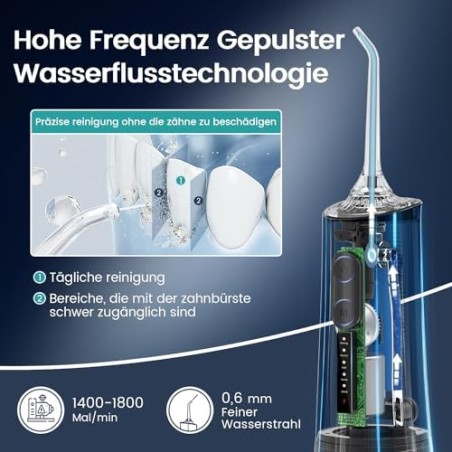Vimmk Elektrisk Mundskyller, 5 tilstande, 8 dyser, 300ml tank, USB-C, IPX7