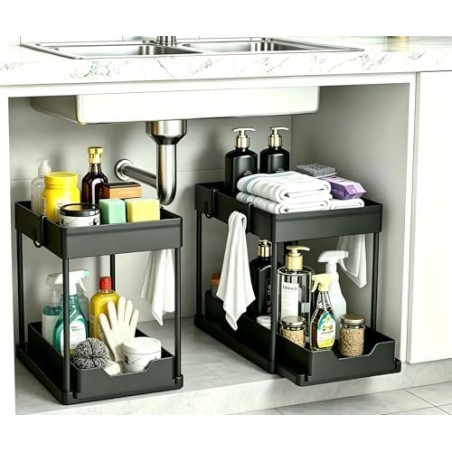 DEKAVA Under Sink Organizer 2-Pack, Black – with Pull-Out Drawer and 4 Hooks