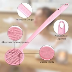 Row&Keep Silicone Back Scrubber with Long Handle, Double-Sided, Pink, 38 cm
