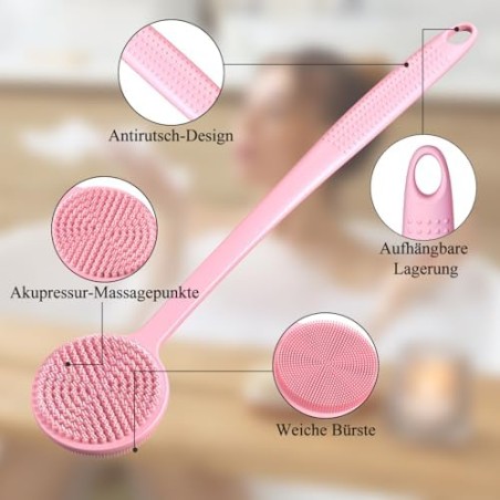 Row&Keep Silicone Back Scrubber with Long Handle, Double-Sided, Pink, 38 cm