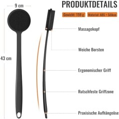 Silicone Back Scrubber for Shower with Long Handle, Double-Sided, Black
