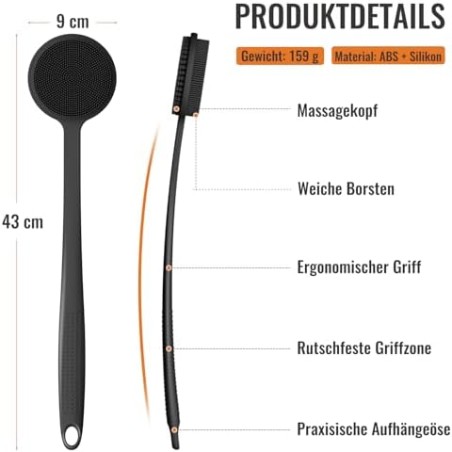 Silicone Back Scrubber for Shower with Long Handle, Double-Sided, Black