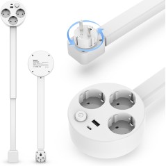 Udtrækkelig strømskinne med 3 stik, USB-A og USB-C – roterer 360°, 47-67 cm
