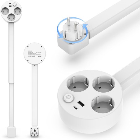 Udtrækkelig strømskinne med 3 stik, USB-A og USB-C – roterer 360°, 47-67 cm