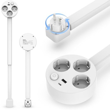 Udtrækkelig strømskinne med 3 stik, USB-A og USB-C – roterer 360°, 47-67 cm