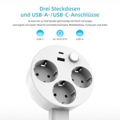 Udtrækkelig strømskinne med 3 stik, USB-A og USB-C – roterer 360°, 47-67 cm