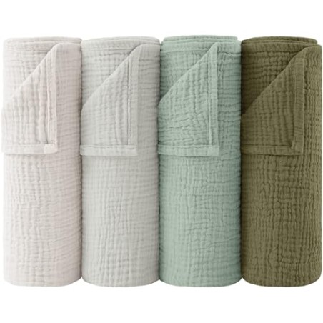 Bearmoss Muslin Burp Cloths for Baby – 4 pcs 60x60 cm, Breathable Cotton, grey-green