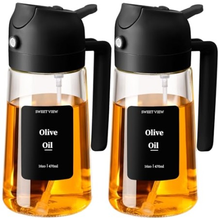 SWEET VIEW 2-i-1 Oliesprøjte til madlavning, 470 ml Glasolieflaske – 2 pak