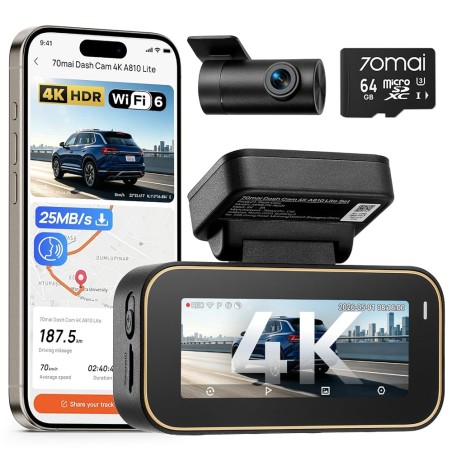 70mai A810 Lite 4K+1080P Dual Dashcam med 64GB SD og 4G LTE