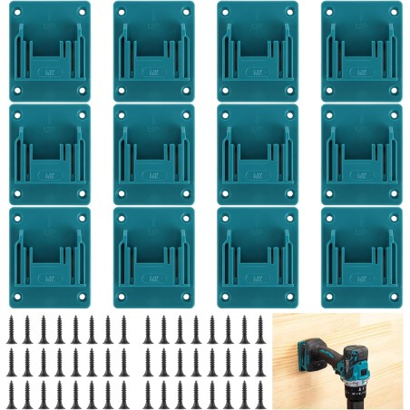 Makita 18V batteriholder – 12 stk. vægbeslag med skruer, blå – kompatibelt tilbehør
