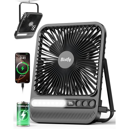 Bærbar campingventilator 10.000mAh – 28t drift, LED-lys, timer, 4 hastigheder