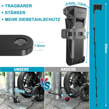 TECHCYC Bicycle Folding Lock 120 cm – Key Lock, Carbon Steel, Anti-Theft