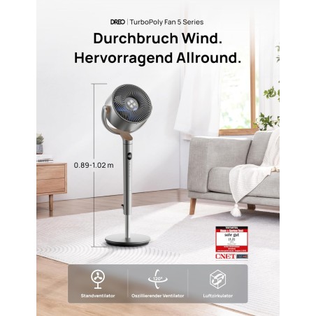 DREO PolyFan 502 Floor Fan, 102 cm, 8 Speeds, 20 dB, Remote Control
