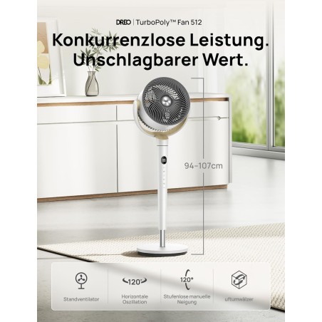 DREO TurboPoly 512 Floor Fan, 107 cm, 9 Speeds, 20 dB, Remote Control