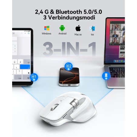 TECKNET TK-MS029 Wireless Ergonomic Mouse – Bluetooth 5.3 + 2.4GHz, 7 Buttons, White