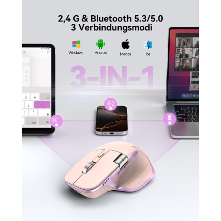 TECKNET TK-MS029 Trådløs Ergonomisk Mus – Bluetooth 5.3 + 2,4 GHz, 7 Knapper, Pink