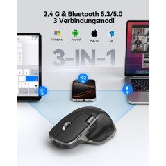TECKNET TK-MS029 Trådløs Ergonomisk Mus – Bluetooth 5.3 + 2,4 GHz, 7 Knapper, Gråsort