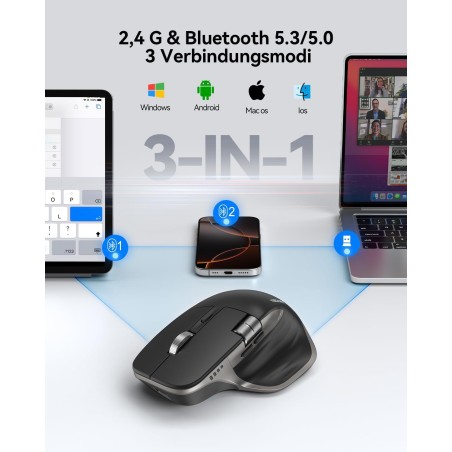 TECKNET TK-MS029 Trådløs Ergonomisk Mus – Bluetooth 5.3 + 2,4 GHz, 7 Knapper, Gråsort