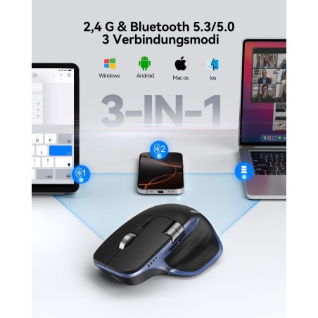 TECKNET TK-MS029 Trådløs Ergonomisk Mus – Bluetooth 5.3 + 2,4 GHz, 7 Knapper, Blå