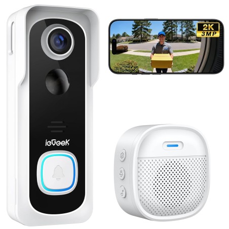 ieGeek 2K Videodørklokke med Kamera Trådløs – Hvid, 166° Vidvinkel, IP66, Alexa