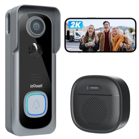 ieGeek 2K Wireless Video Doorbell Camera – Grey, 166° Wide Angle, IP66, Alexa