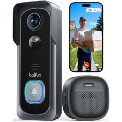 BOIFUN 2K Videodørklokke med Kamera Trådløs – Sort, 166° Vidvinkel, IP65, Alexa