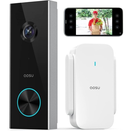 aosu 2K Videodørklokke med Kamera – Sort, 166° Vidvinkel, IP66, 180 Dage Batteri, Alexa