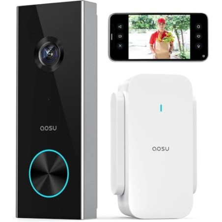 aosu 2K Video Doorbell Camera – Black, 166° Wide Angle, IP66, 180 Days Battery, Alexa