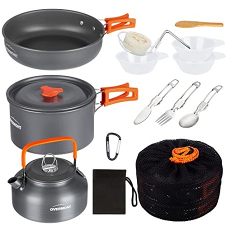 OVERMONT 14-Piece Camping Cookware Set with Coffee Pot – Lightweight Aluminum Outdoor Kit