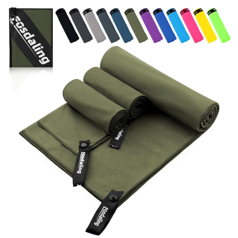 Fosdaling Mikrofiberhåndklæde Sæt af 3 – 200×100 cm + 2×80×40 cm, Militærgrøn, Hurtigtørrende
