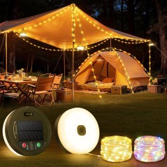 FOMYHEARD Oprulbar LED Camping Lyskæde 10m – 3-i-1 Sol & USB, 13 Tilstande, Vandtæt