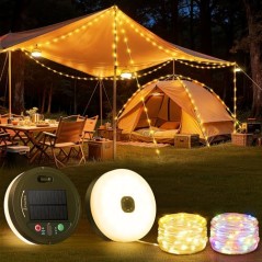 FOMYHEARD Oprulbar LED Camping Lyskæde 10m – 3-i-1 Sol & USB, 13 Tilstande, Vandtæt