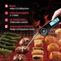 DOQAUS Digitalt Kødtermometer – 3s Øjeblikkelig Aflæsning, Foldbar Sonde, LCD, Auto ON/OFF til Grill & Madlavning
