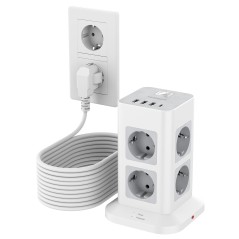 TESSAN 8-vejs Stikdåse med USB-C, 10m Forlængerkabel, 4 USB-porte, Overspændingsbeskyttelse 3600W – Kontor Grå